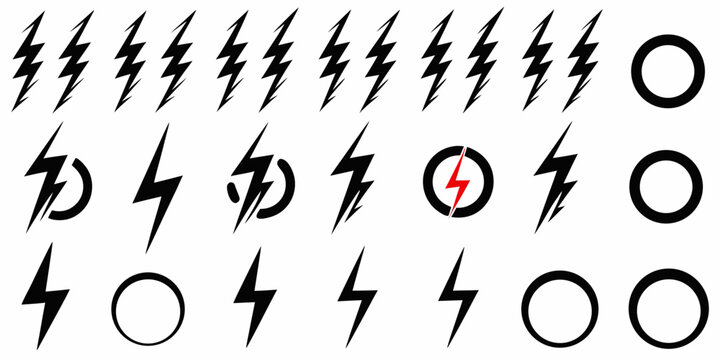 lightning bolt variations in black and white vector style on white background electricity symbol icon design graphic element pattern thunder