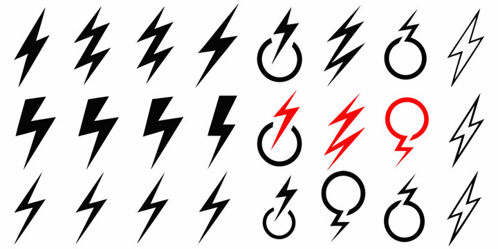 lightning bolt variations in black and red vector icons on white background electricity symbol energy power thunder storm flash charge