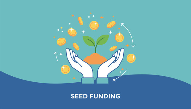 Seed funding concept illustrating caring hands holding a growing green seedling surrounded by golden coins.