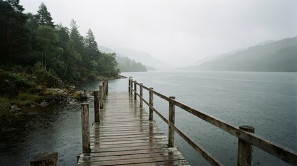 Naklejka premium Wooden pier extending into a misty, calm lake.