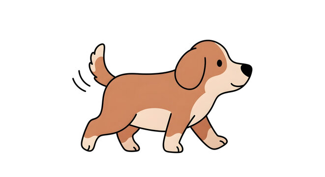 A charming cartoon illustration of a happy brown and white dog wagging its tail while walking