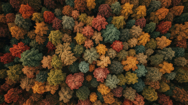 Aerial autumn forest with colorful mixed tree canopy creating peaceful seasonal pattern