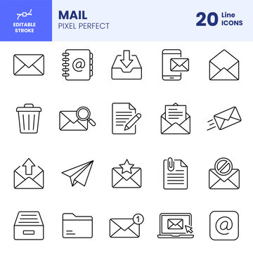 Mail and Email Communication Line Icon Set with Editable Stroke for Web and Digital Messaging Interface. Vector Illustration