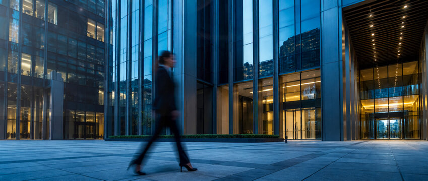Modern Corporate Architecture Exterior with Glass Facade and Blurred Business Person Walking in Urban Plaza at Twilight, Professional Financial District Concept for Commercial Real Estate Background