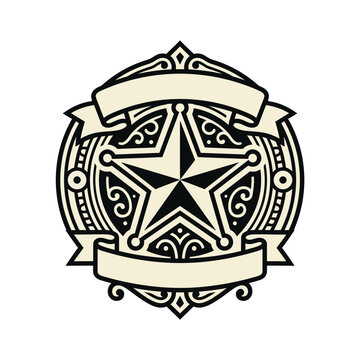 Ornate star badge emblem with decorative scrolls ribbons