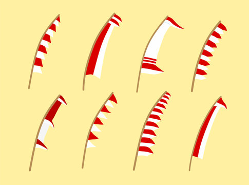 Illustration set featuring various Indonesian flag bunting decorations mounted on curved vertical poles.