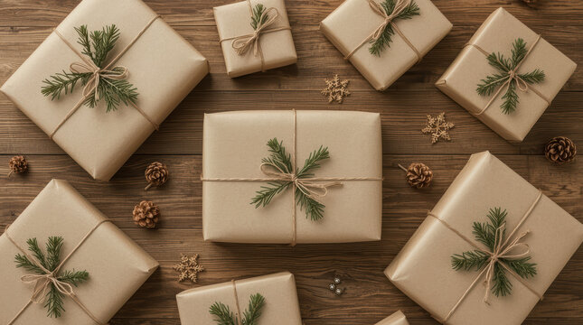Wrapped kraft paper Christmas gifts with twine and pine sprig decor on wooden table