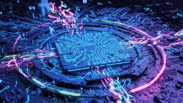 Futuristic microchip processor on circuit board with glowing neon data streams