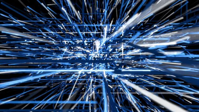 Abstract background of blue and white geometric light lines and beams in motion