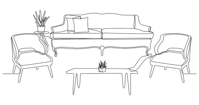 Continuous line art of a living room interior with sofa, armchairs, and coffee table.