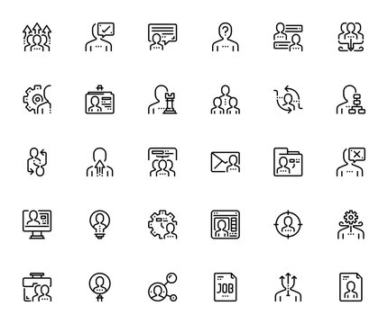 Human resources icon set. HR vector icon pack. Minimalist icons. Featuring recruitment, hiring, employee, job, career, networking, user, ID card, email, people and more. Editable vector stroke.