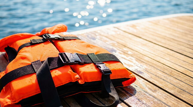 Orange life jacket with straps on wet wooden boat deck next to shimmering sea water, marine safety and outdoor vacation concept