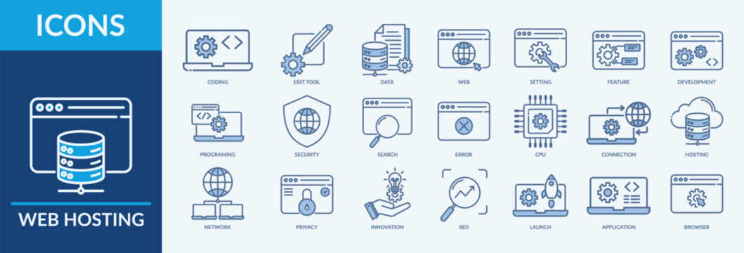 Editable 24 Web Hosting icons for web and mobile. Set of web hosting included icons line blue data, search, security, cpu, connection