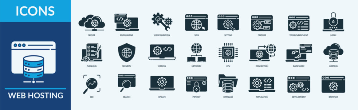 Web Hosting icons set representing server, progaming, configuration, web, setting, feature and coding concepts. Editable Stroke
