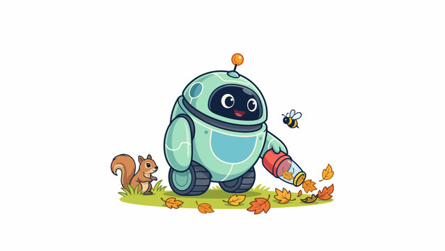 Robot rakes leaves with squirrel and bee fall season leaf raking illustration