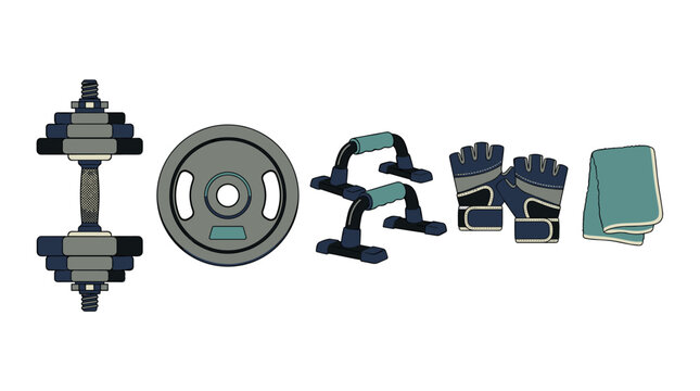 Flat vector illustration set of gym workout equipment including dumbbell, weight plate, push up bars, gloves, and towel