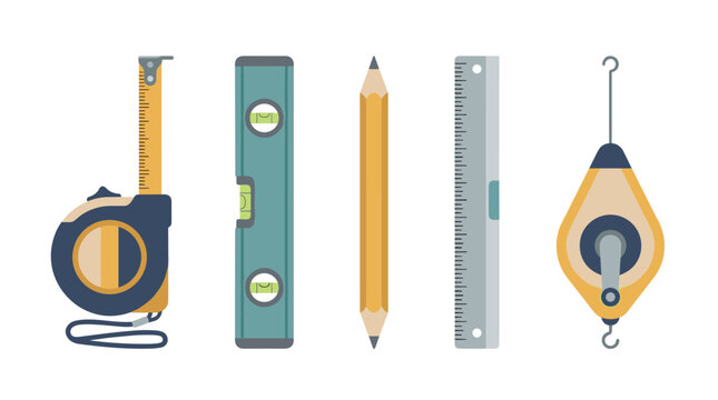 Construction measuring and marking tools vector illustration set including tape measure, spirit level, pencil, ruler, and plumb bob