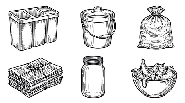 Waste sorting and recycling vector illustration set in vintage engraving style