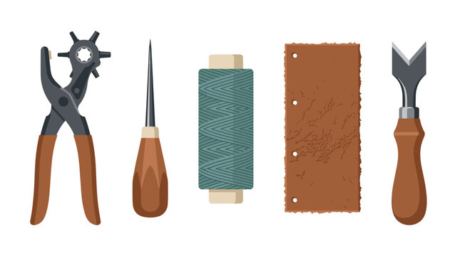 Leather crafting tools and materials flat vector illustration set