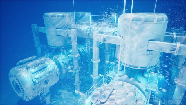 Sci-Fi Deep Sea Outpost with Searchlights and Swimming Small Fishes