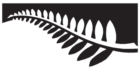 Stylized black and white graphic illustration of a silver fern leaf symbol. © faizalardyansyah