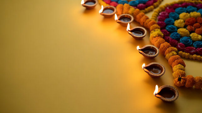 Row of lit clay diya lamps arranged on a yellow surface with colorful floral rangoli decoration