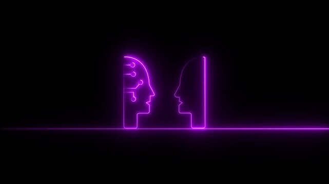 Minimal glowing neon AI communication icon animation featuring a human face with integrated circuit elements communicating with another human profile. Futuristic artificial