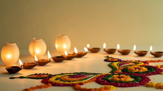 Colorful floral rangoli design with lit oil lamps and candles on a table