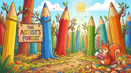 Obraz premium Squirrel Holding Eraser in Creative Forest Made of Colored Pencils