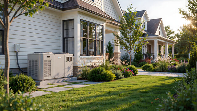 Modern suburban house with an outdoor air conditioning unit on a landscaped patio, highlighting efficient home cooling and comfortable living in a sunny neighborhood