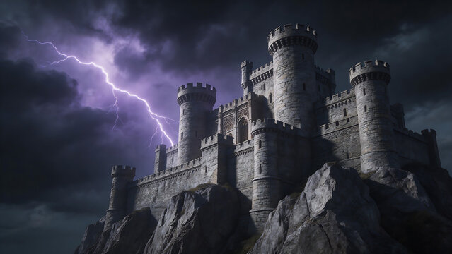 Castle on cliff with lightning