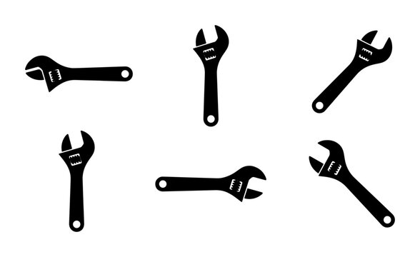 Adjustable Wrenches, Mechanic Tools, Plumbing Hardware, Black Silhouette Icons for DIY and Repair
