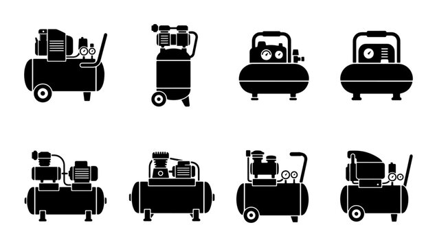 Air Compressor Icons Set, Industrial Machine Vector Graphics, Pneumatic Equipment Collection