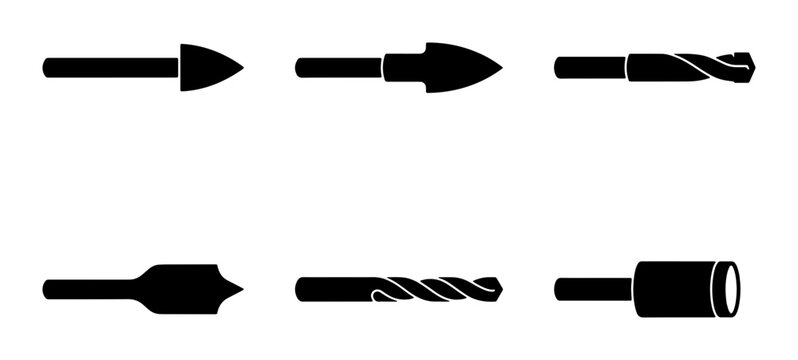 Drill Bits and Pointed Tools, Industrial Hardware Icons, Vector Set