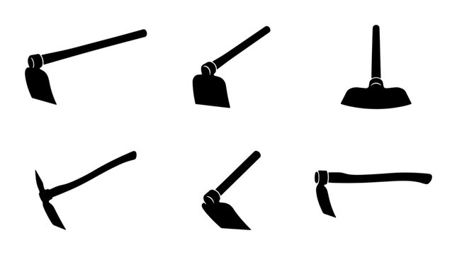 Gardening Tools Set, Hoe Icons, Agricultural Implements, Farming Equipment, Silhouette Vector Graphics