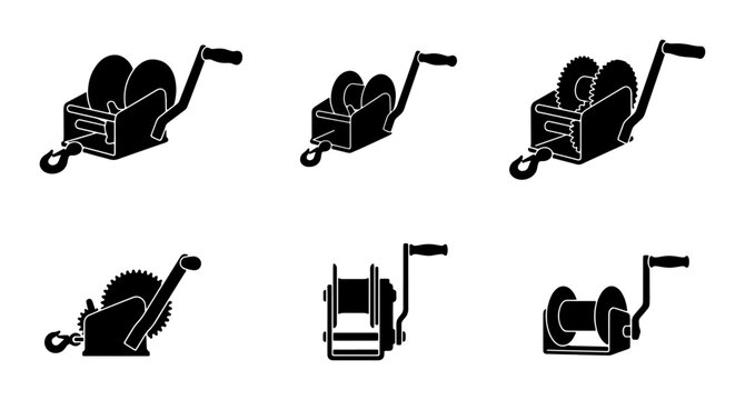 Manual Winch Icons Set, Boat Trailer Winches, Hand Crank Hoist Equipment Vector Graphics