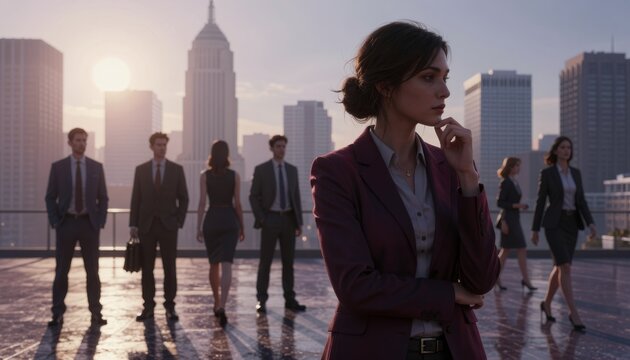 Business Professional Thinking on Urban Rooftop at Sunset