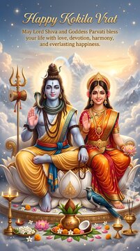 Hindu deities shiva and parvati seated on lotus for kokila vrat festival celebration