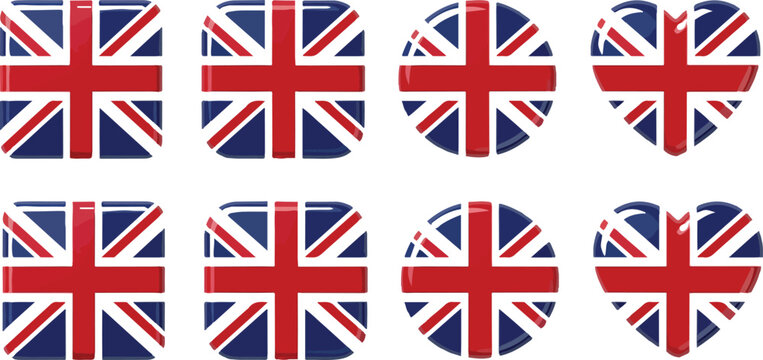 Set of eight stylized United Kingdom flags in various shapes symbolizing British identity and patriotic concept illustration