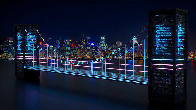 Futuristic digital bridge connecting server towers with glowing data streams over a nighttime cityscape illustration