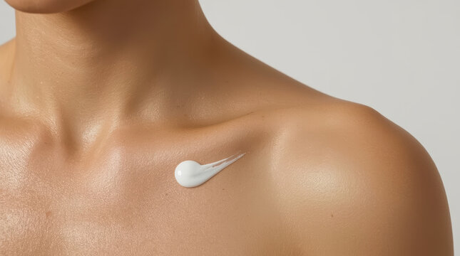 Light tan shoulder with lightweight lotion dabbed and smoothed, moisturizing skin glow