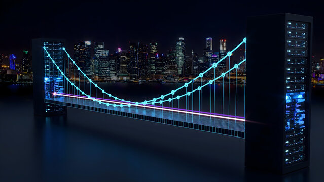 Digital illustration of a glowing data bridge connecting server towers against a night city skyline representing high speed cloud network connectivity