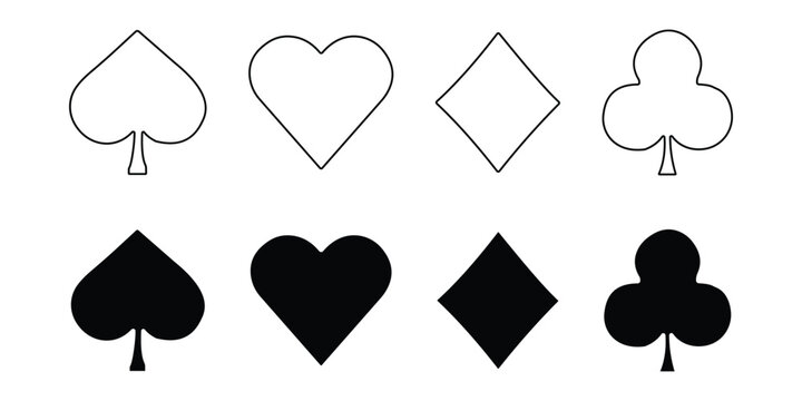 Playing Card Suits Vector Icon Set, Spade Heart Diamond Club Outline and Silhouette Collection for Casino, Poker and Card Game Design Isolated on White Background