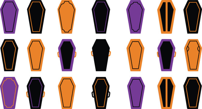 Spooky halloween coffins purple orange and black tombstone vector set for festive designs