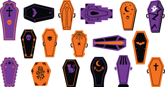 Spooky halloween coffin and tombstone collection vector graphics for festive designs