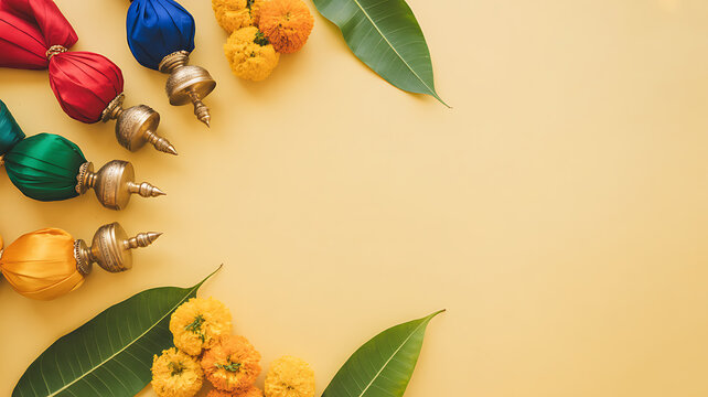 Colorful traditional decorative items with marigold flowers and mango leaves arranged on a yellow background