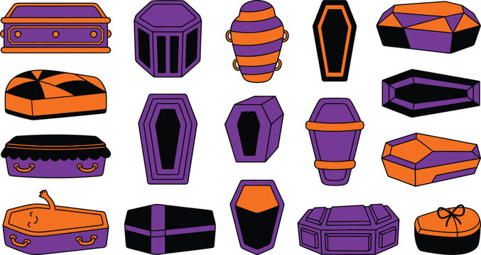 Colorful halloween coffins spooky vector set for festive decorations and designs