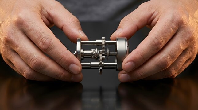 Watchmaker holding a mechanical watch movement component.