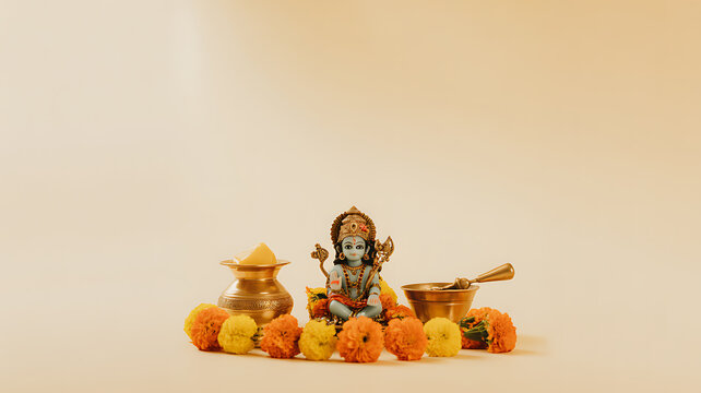 Statue of a deity surrounded by marigold flowers, brass vessels, and ritual items on a neutral background