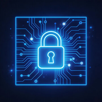 Blue neon padlock on circuit board